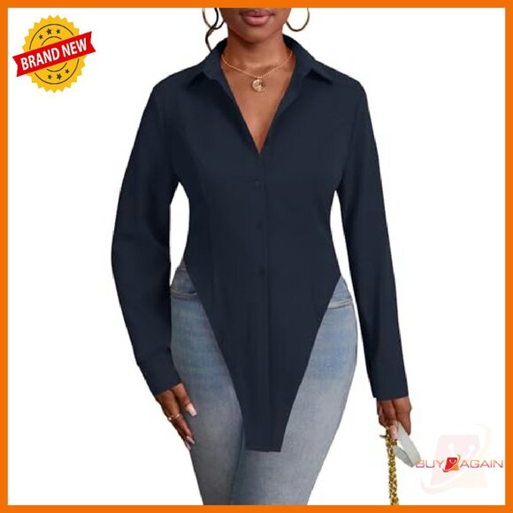 Long Sleeve V Neck Button Down Tunic Top with Slit Hem - Picture 4 of 8